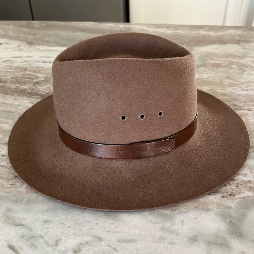 100% Wool Brown Flat Brim Fall Hat with Leather Band - Made in USA